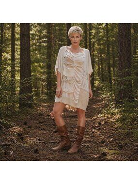 Gary Graham Deconstructed Tunic Knit Dress Short Sleeve Cream Casual Women M